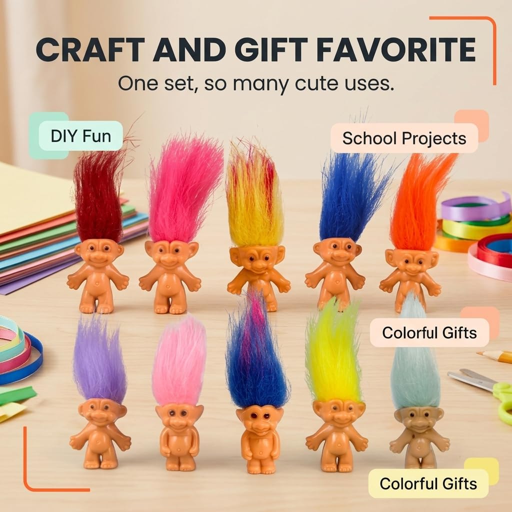 10PCS Mini troll Dolls, Assorted Hair Colors Vintage troll Dolls Action Figures 1.2 Cake Toppers Chromatic Adorable Cute Little Guys Collection, School Project, Arts Crafts, Party Favors