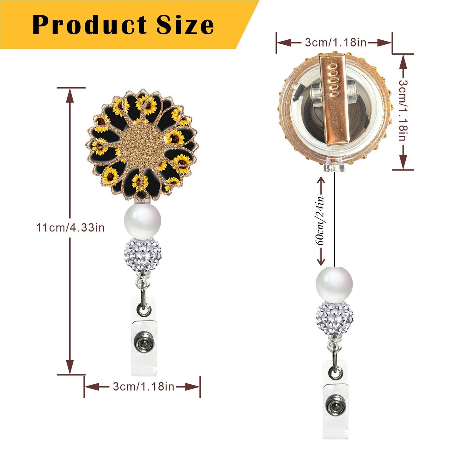 2Pcs Cute Badge Reel Retractable Badge Holder, Funny Cow Sunflower Badge Reel Acrylic ID Card Holder with Beads for Nurse,Volunteer,Teacher,Office Workers,Student
