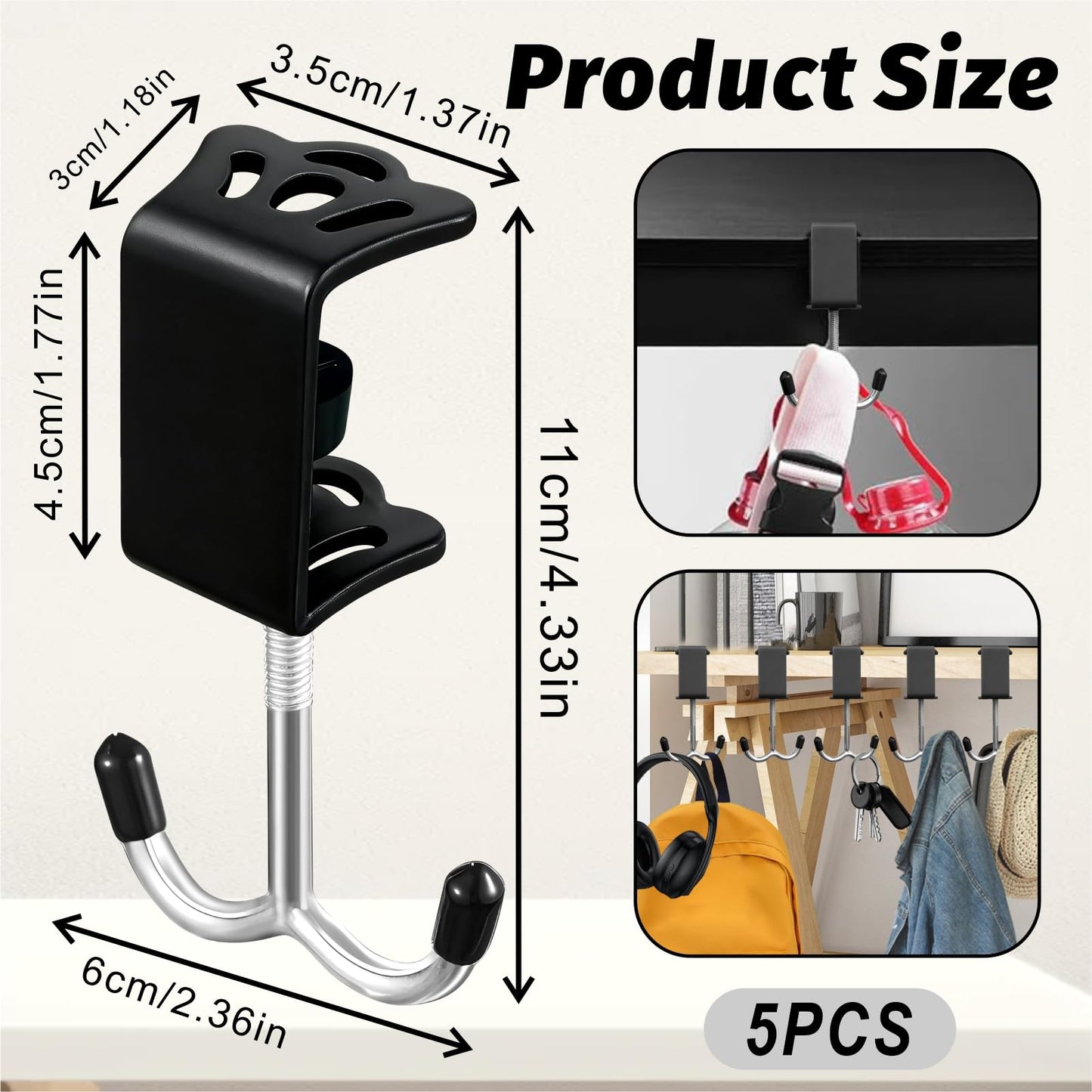 VoyaBliss 5 Pcs Desk Mount Bag Holder Hook Clamp Adjustable 0.5-4cm Purse Hanger for Table Bag Holder for Table for Hanging Bags Headphone Black