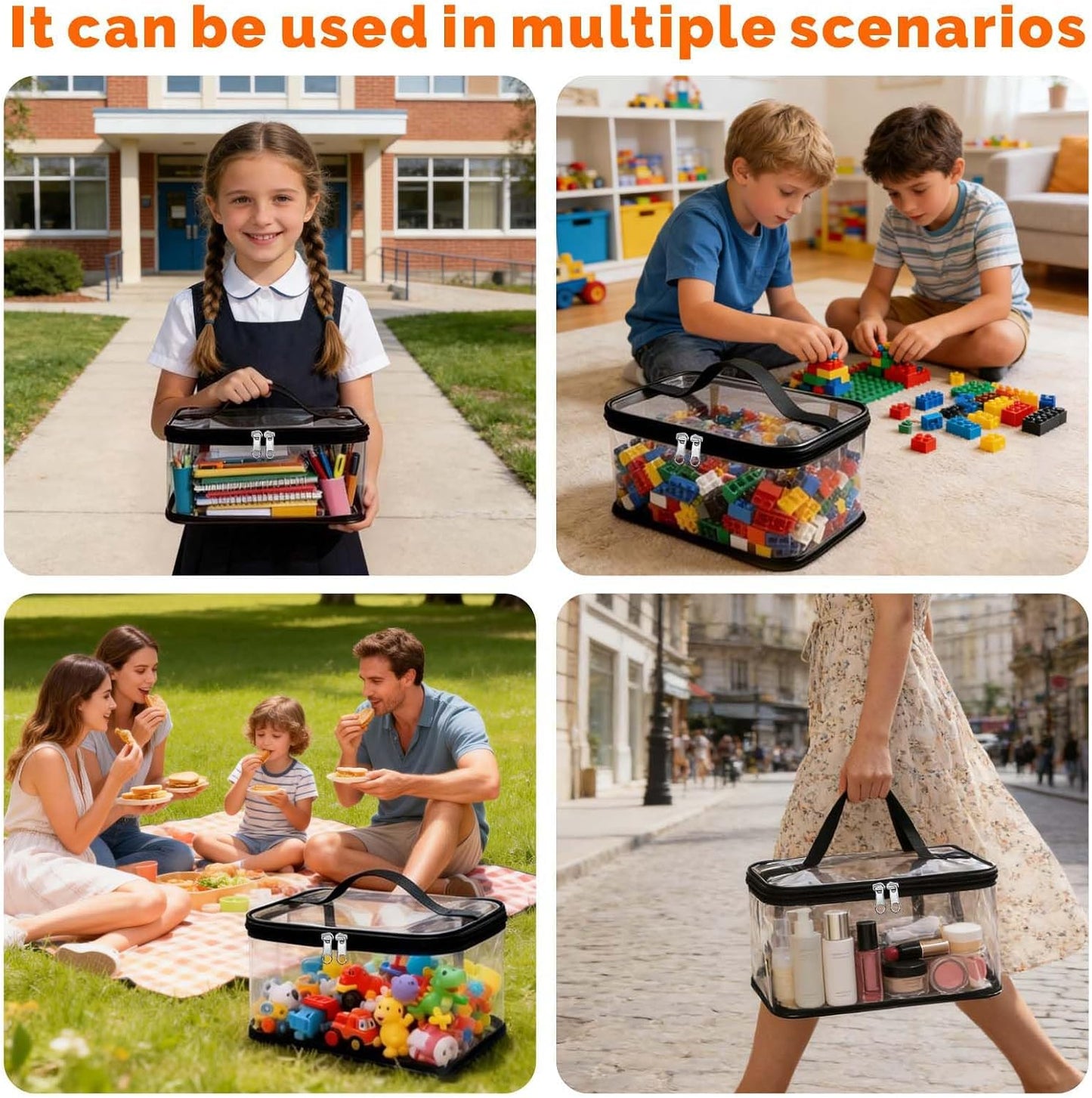 VoyaBliss 4 Packs Clear Toy Storage Bags with Zipper,Waterproof Transparent PVC Toy Organizer Case for Toys,Kids Toy Storage for Building Blocks/Puzzle/Kids Books【Black】