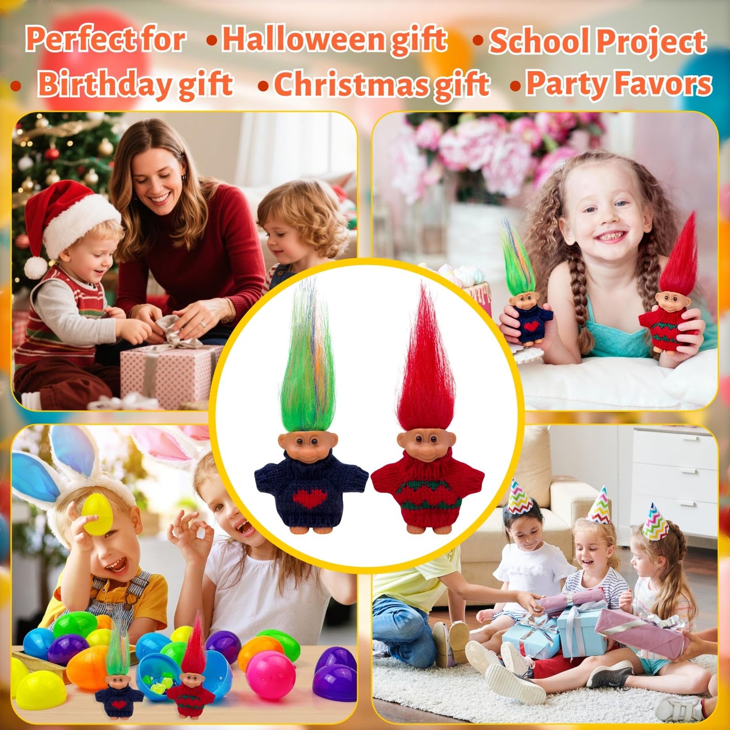 2pcs Vintage Lucky Troll Dolls Assorted Hair Colors Chromatic Adorable for Collections, School Project, Arts and Crafts, Party Favors (style-03)