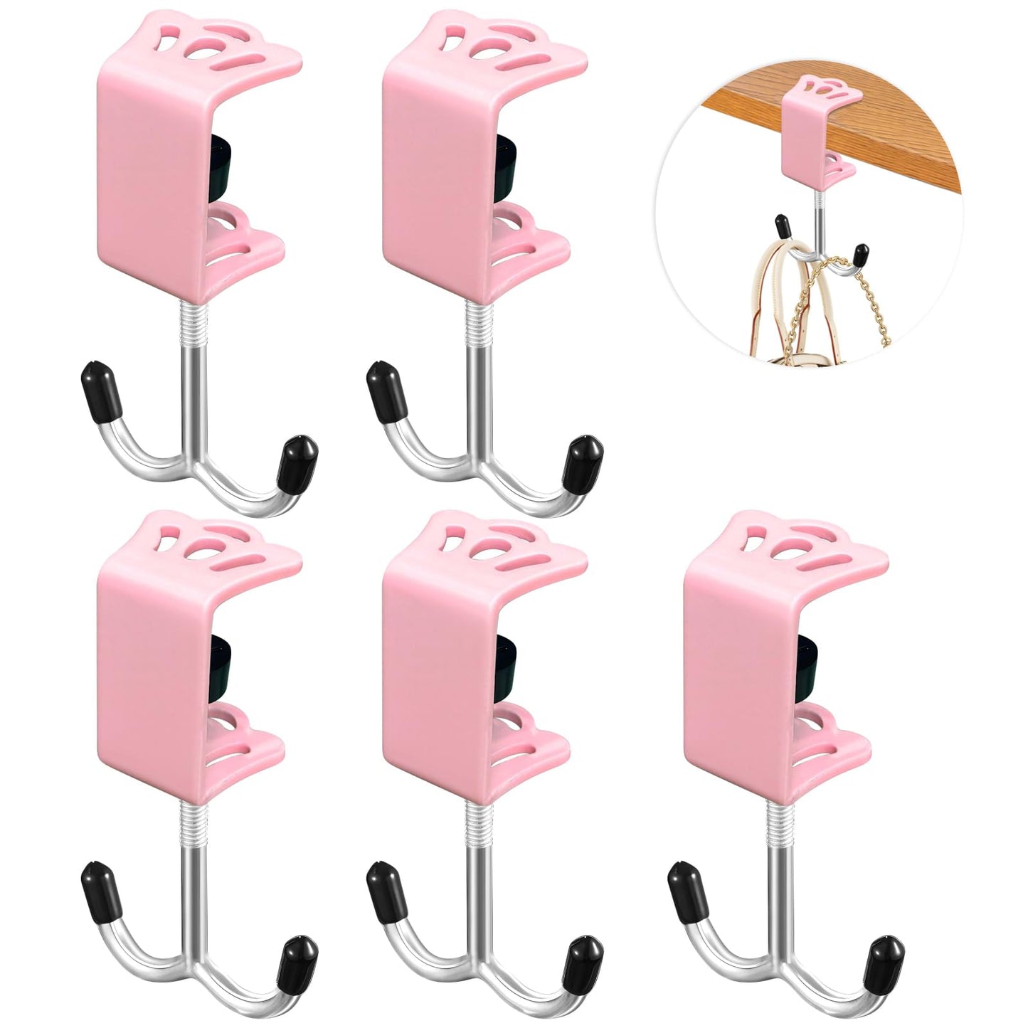 VoyaBliss 5 Pcs Desk Mount Bag Holder Hook Clamp Adjustable 0.5-4cm Purse Hanger for Table Bag Holder for Table for Hanging Bags Headphone Black
