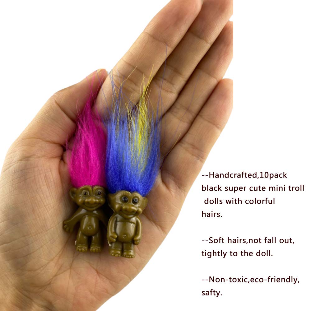 10Pack Black PVC Vintage Troll Dolls,Mini Dolls Chromatic Adorable for Collections, School Project, Arts and Crafts, Party Favors -Exclusive Limited Edition Customization