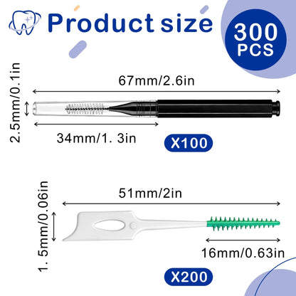 VoyaBliss 300Pcs Interdental Brushes for Braces | Bristled Toothpicks Flossers for Plaque Removal, Disposable Oral Flossing Tool for Teeth Cleaning (Black+Green, 0.6mm/0.7mm)
