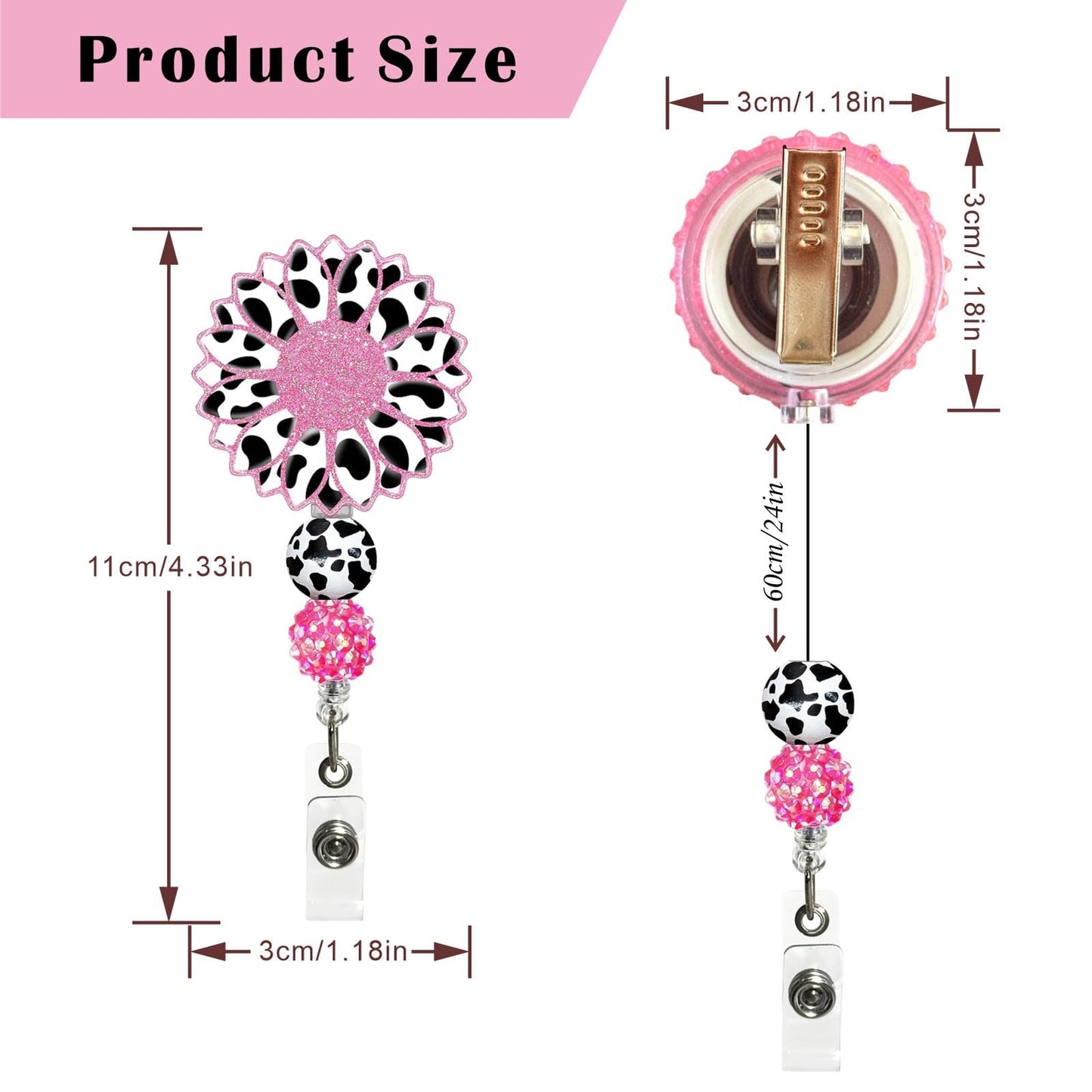 2Pcs Cute Badge Reel Retractable Badge Holder, Funny Cow Sunflower Badge Reel Acrylic ID Card Holder with Beads for Nurse,Volunteer,Teacher,Office Workers,Student