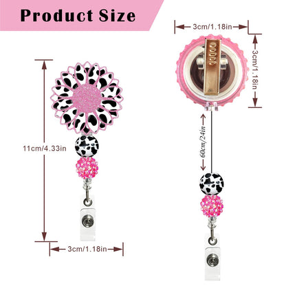 2Pcs Cute Badge Reel Retractable Badge Holder, Funny Cow Sunflower Badge Reel Acrylic ID Card Holder with Beads for Nurse,Volunteer,Teacher,Office Workers,Student