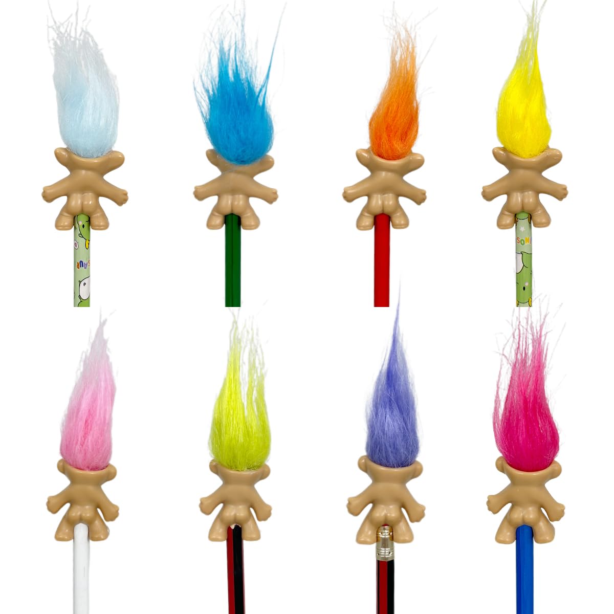 Yintlilocn 8pcs Mini Troll Pencil Toppers with Hair, Vintage Lucky Troll Dolls Pencil Topper(pencils not included)