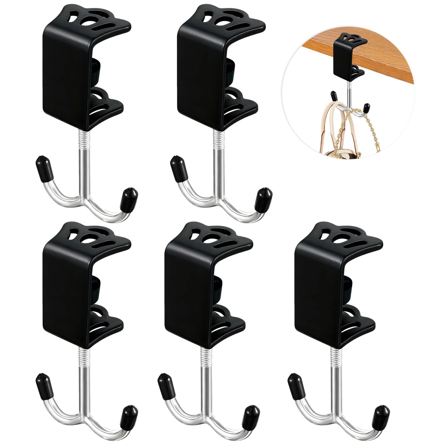 VoyaBliss 5 Pcs Desk Mount Bag Holder Hook Clamp Adjustable 0.5-4cm Purse Hanger for Table Bag Holder for Table for Hanging Bags Headphone Black