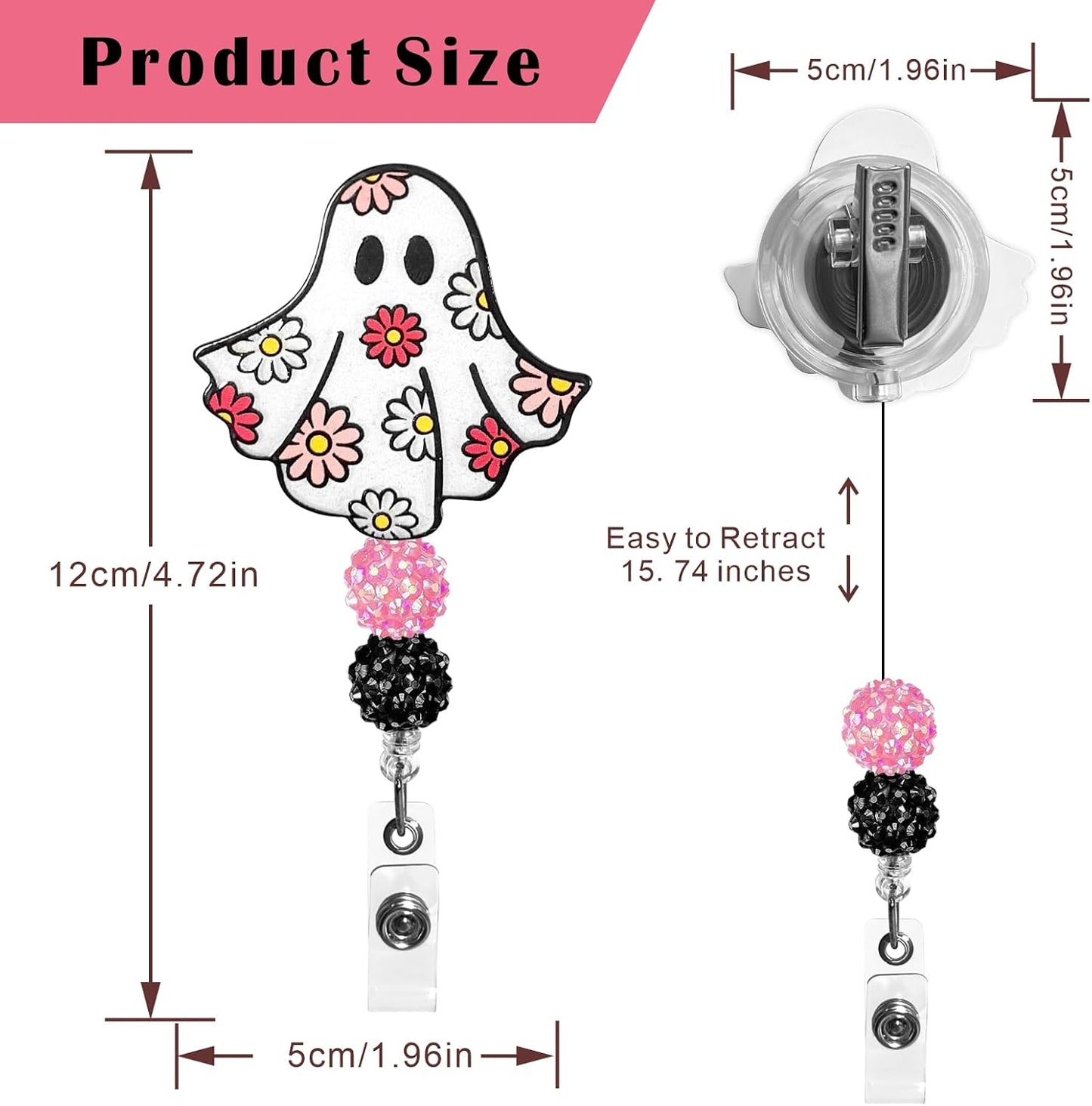 2Pcs Cute Badge Reel Retractable Badge Holder for Halloween, Funny Ghost Badge Reel Acrylic ID Card Holder with Beads for Nurse,Volunteer,Teacher,Office Workers,Student