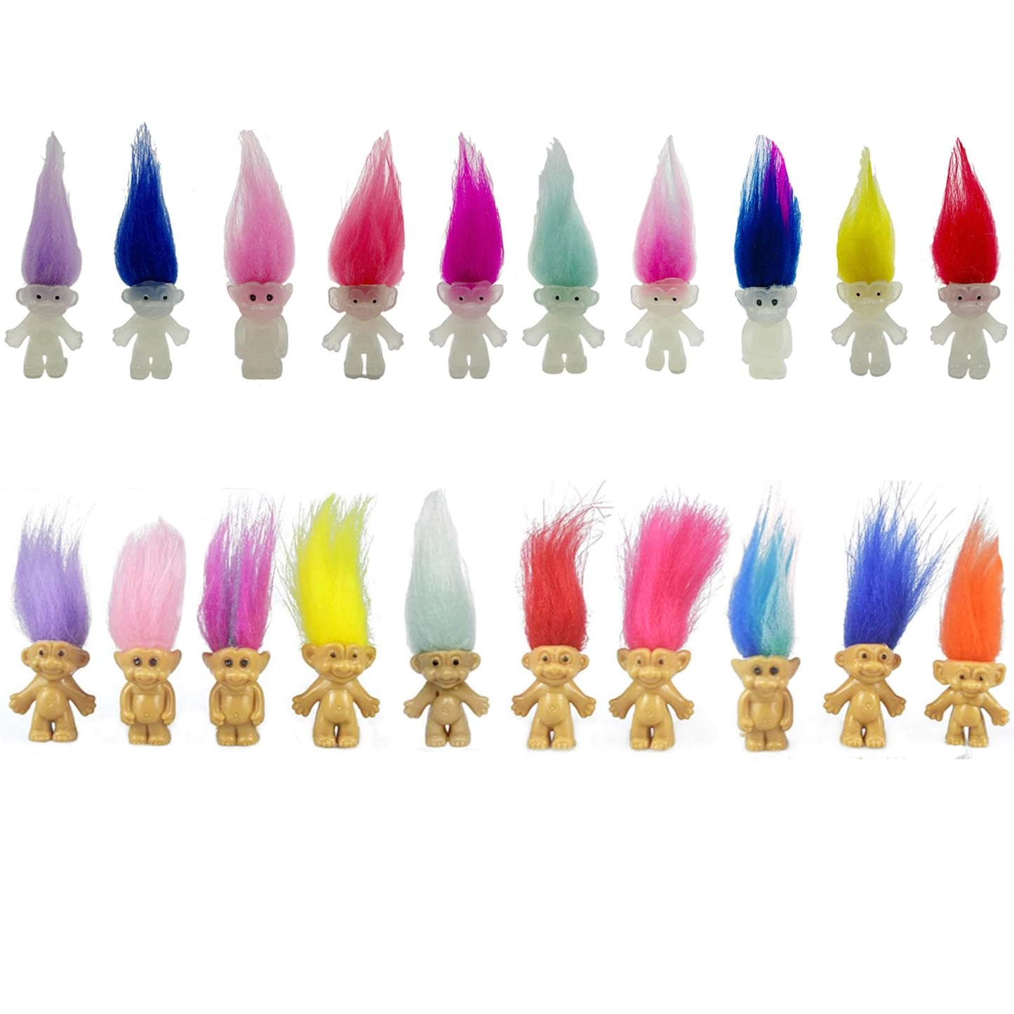30pcs Luminous Mini Troll Dolls Glow in The Dark Vintage Action Figures Troll Dolls 1.2 Bodies, 2.3 Hair. Cake Toppers School Project, Arts and Crafts (30pcs)