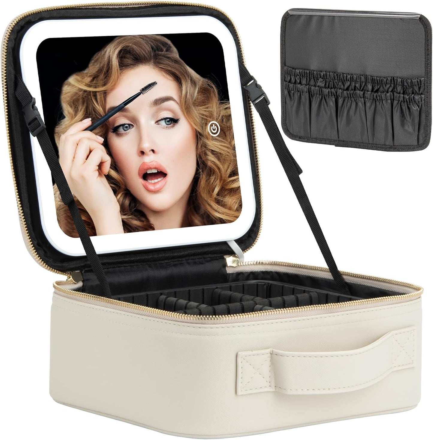 Makeup Travel Train Case with Mirror LED Light 3 Adjustable Brightness Large Cosmetic Bag Portable Storage Adjustable Partition Waterproof Makeup Brushes Make up Jewelry Gift for Women