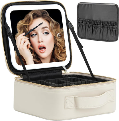 Makeup Travel Train Case with Mirror LED Light 3 Adjustable Brightness Large Cosmetic Bag Portable Storage Adjustable Partition Waterproof Makeup Brushes Make up Jewelry Gift for Women