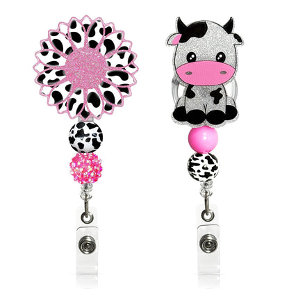 2Pcs Cute Badge Reel Retractable Badge Holder, Funny Cow Sunflower Badge Reel Acrylic ID Card Holder with Beads for Nurse,Volunteer,Teacher,Office Workers,Student