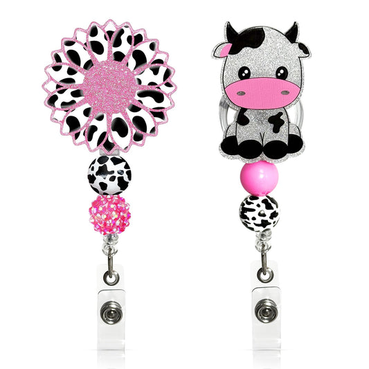 2Pcs Cute Badge Reel Retractable Badge Holder, Funny Cow Sunflower Badge Reel Acrylic ID Card Holder with Beads for Nurse,Volunteer,Teacher,Office Workers,Student