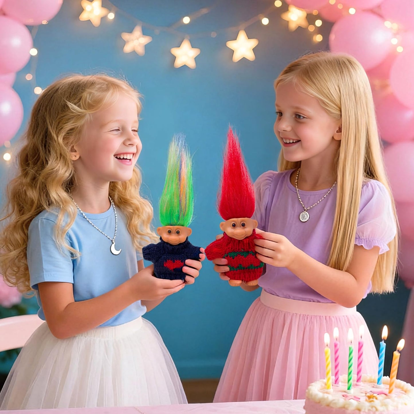 2pcs Vintage Lucky Troll Dolls Assorted Hair Colors Chromatic Adorable for Collections, School Project, Arts and Crafts, Party Favors (style-03)