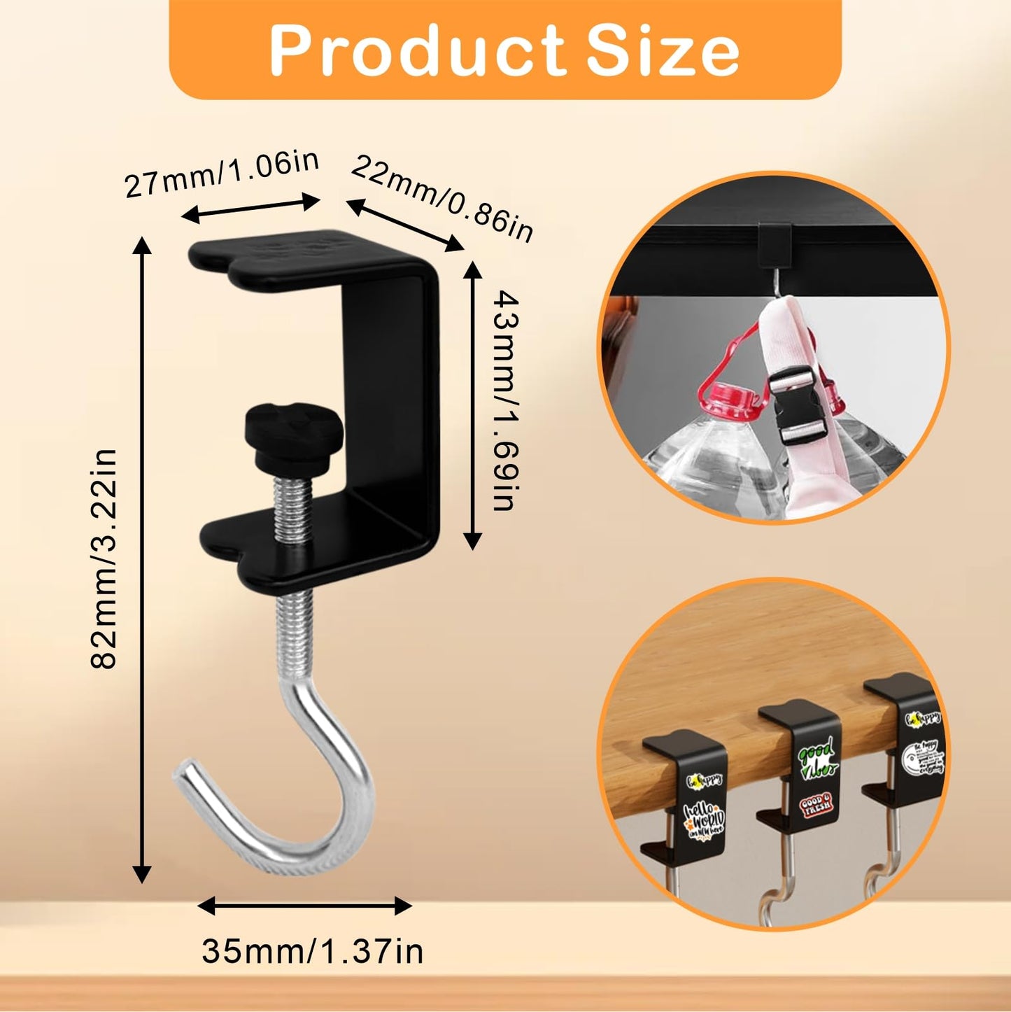 VoyaBliss 10Pcs Adjustable Purse Hooks Heavy Duty J Clamp Hooks Bag Hanger for Table, Bag Holder for Table with 10pcs Phrase Stickers,for Desk Key Backpack(Black)