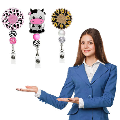 2Pcs Cute Badge Reel Retractable Badge Holder, Funny Cow Sunflower Badge Reel Acrylic ID Card Holder with Beads for Nurse,Volunteer,Teacher,Office Workers,Student