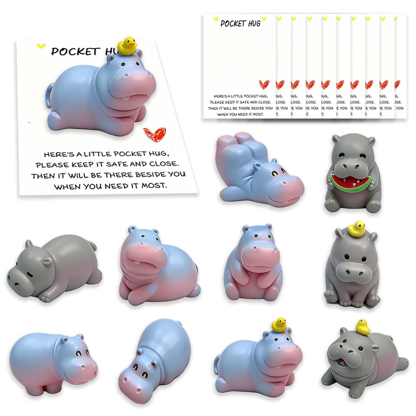VoyaBliss 10 Sets Pocket Hug Card Encouragement Cards and Motivational Gifts Stuffers for Coworkers Hippo Decor Mini Resin Hippos Birthday Card
