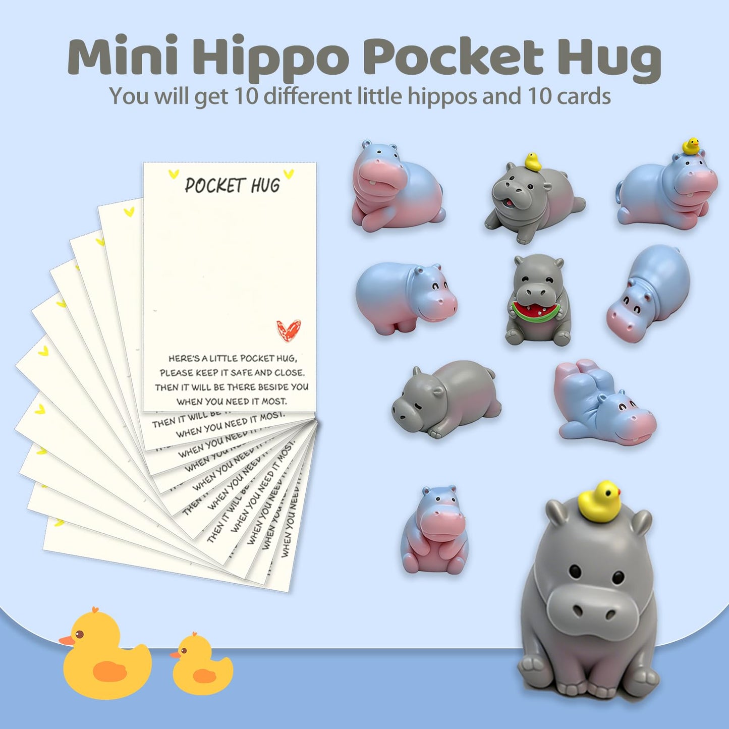 VoyaBliss 10 Sets Pocket Hug Card Encouragement Cards and Motivational Gifts Stuffers for Coworkers Hippo Decor Mini Resin Hippos Birthday Card