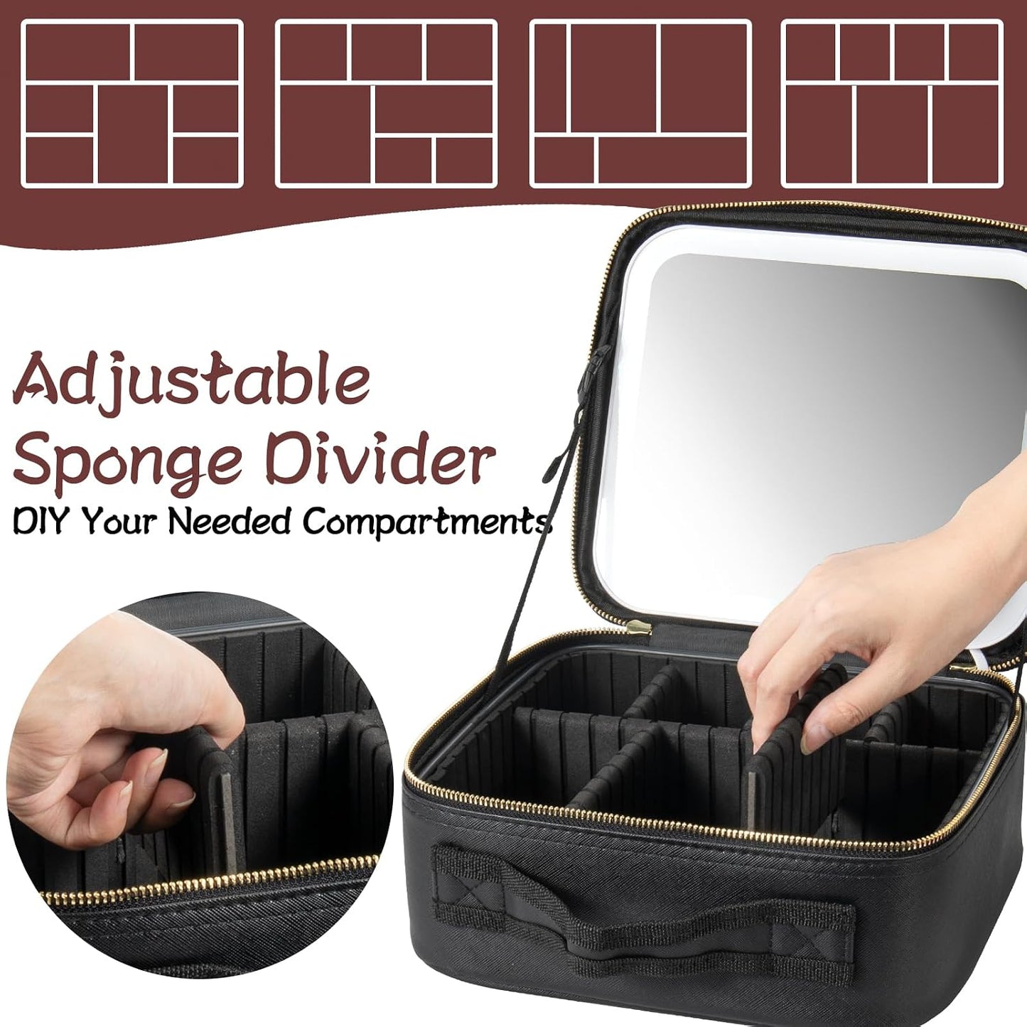 Makeup Travel Train Case with Mirror LED Light 3 Adjustable Brightness Cosmetic Bag Portable Storage Adjustable Partition Waterproof Makeup Brushes Makeup Jewelry Gift for Women (Black-1)