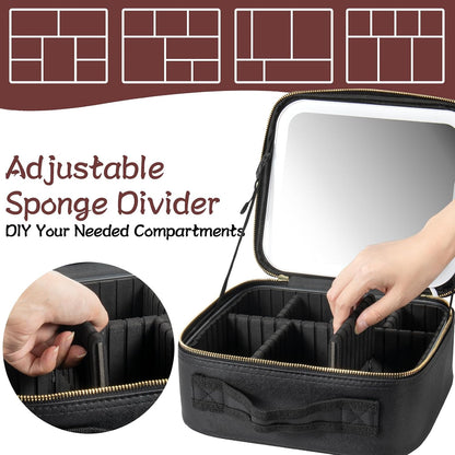 Makeup Travel Train Case with Mirror LED Light 3 Adjustable Brightness Cosmetic Bag Portable Storage Adjustable Partition Waterproof Makeup Brushes Makeup Jewelry Gift for Women (Black-1)