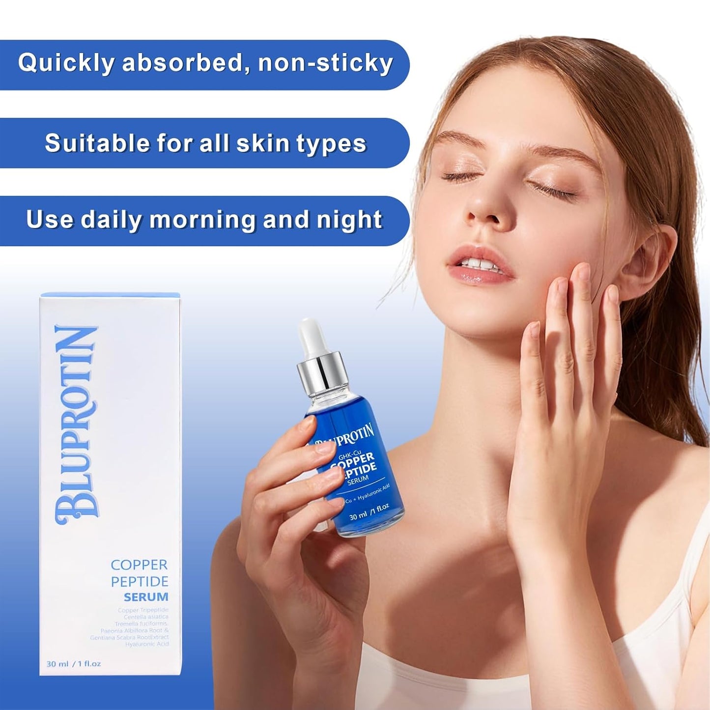 BLUPROTIN Copper Peptides Serum for Face,ghk-cu peptide serum | GHK-CU Peptide with Propylene Glycol&Copper Tripeptide-1&Hyaluronic acid, Anti-Aging Anti-Wrinkle Moisturizing 30ml