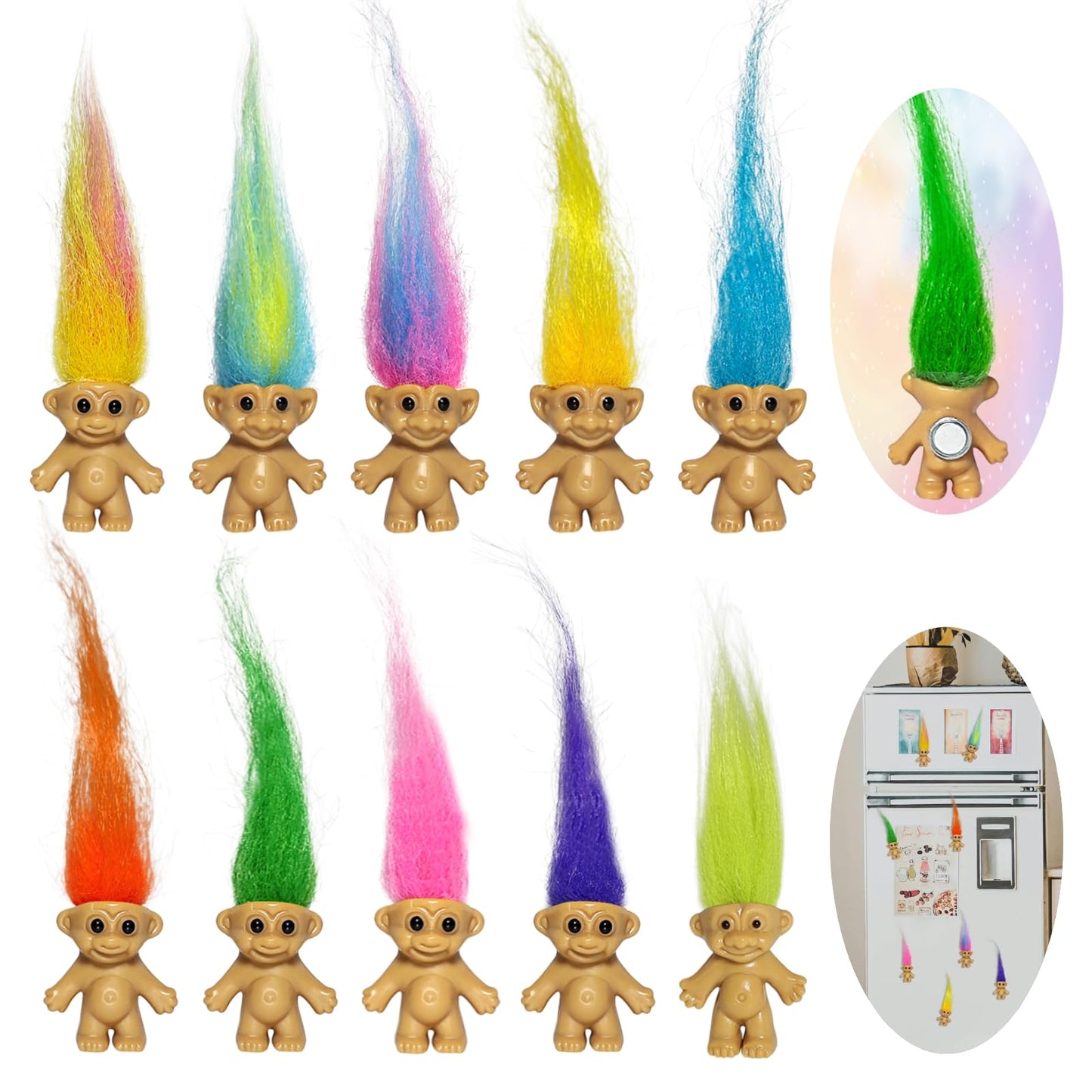 Yintlilocn 10pcs Mini Troll Dolls Magnets for Fridge | Mini Lucky troll doll Magnets for efrigerator Decoration Kitchen Locker Kitchen Office (Color A)