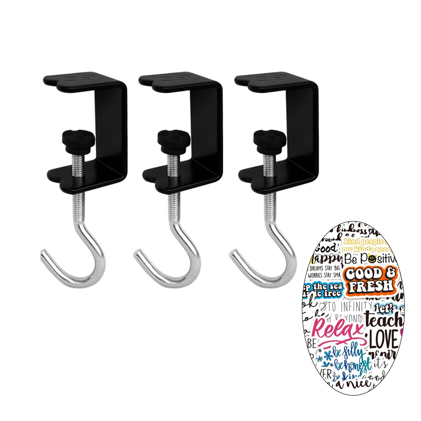 VoyaBliss 10Pcs Adjustable Purse Hooks Heavy Duty J Clamp Hooks Bag Hanger for Table, Bag Holder for Table with 10pcs Phrase Stickers,for Desk Key Backpack(Black)