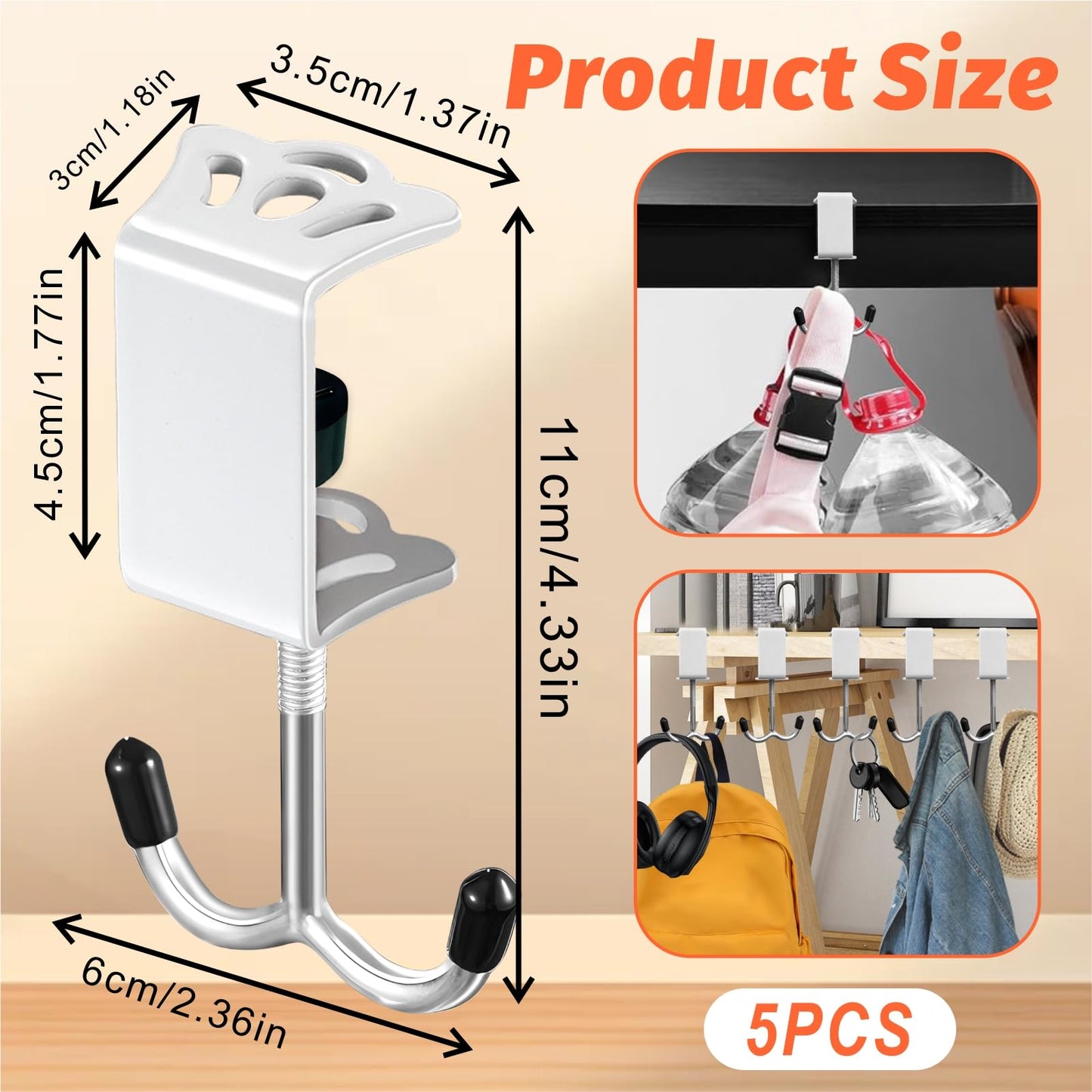 VoyaBliss 5 Pcs Desk Mount Bag Holder Hook Clamp Adjustable 0.5-4cm Purse Hanger for Table Bag Holder for Table for Hanging Bags Headphone Black