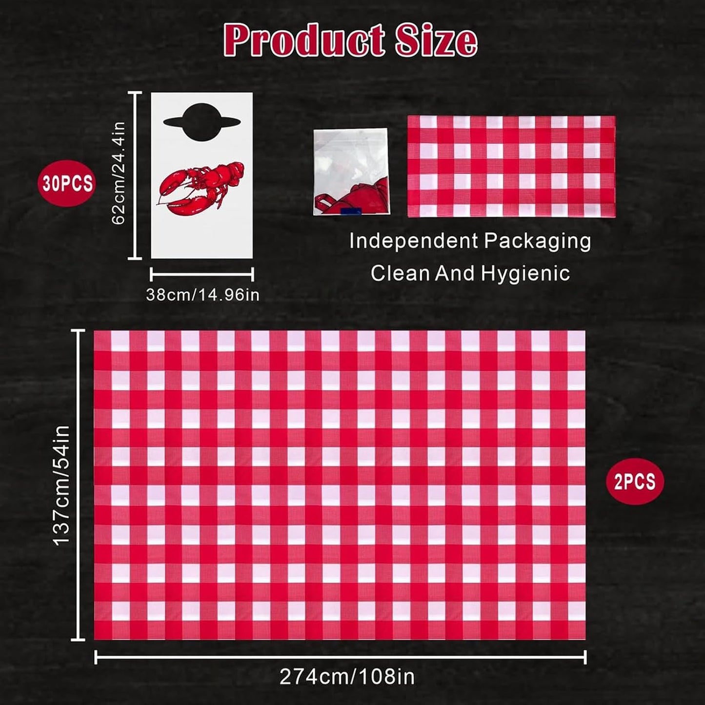 VoyaBliss 30 Pcs Lobster Disposable Bibs and 2 Pcs 54 x 108 Inch Plastic Red and White Gingham Checkered Tablecloths Seafood Boil Party Supplies, Crawfish Boil Party Supplies for BBQ Picnic Barbecue
