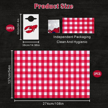 VoyaBliss 30 Pcs Lobster Disposable Bibs and 2 Pcs 54 x 108 Inch Plastic Red and White Gingham Checkered Tablecloths Seafood Boil Party Supplies, Crawfish Boil Party Supplies for BBQ Picnic Barbecue
