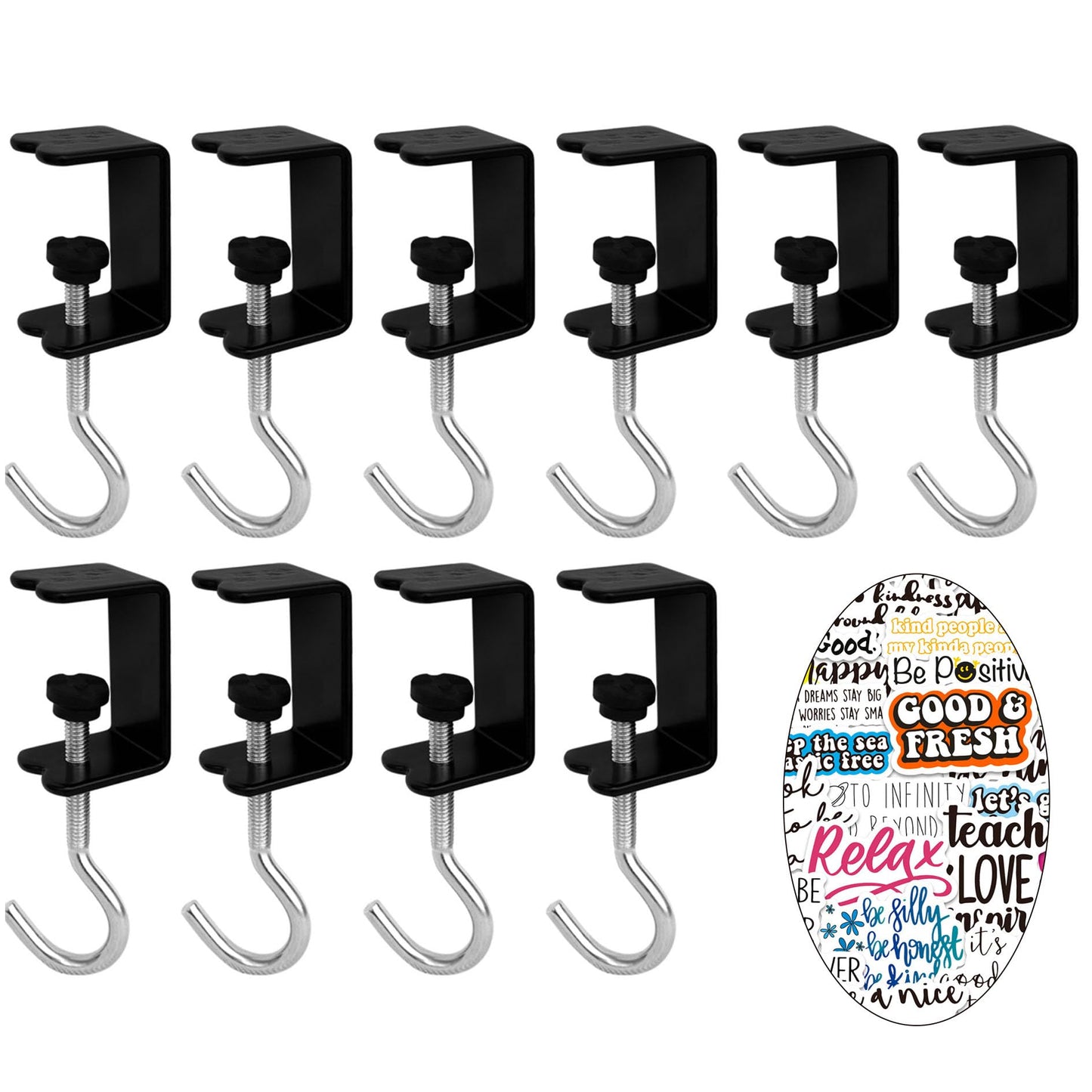 VoyaBliss 10Pcs Adjustable Purse Hooks Heavy Duty J Clamp Hooks Bag Hanger for Table, Bag Holder for Table with 10pcs Phrase Stickers,for Desk Key Backpack(Black)