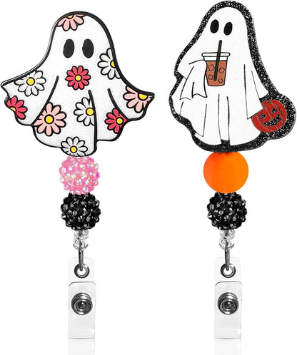 2Pcs Cute Badge Reel Retractable Badge Holder for Halloween, Funny Ghost Badge Reel Acrylic ID Card Holder with Beads for Nurse,Volunteer,Teacher,Office Workers,Student