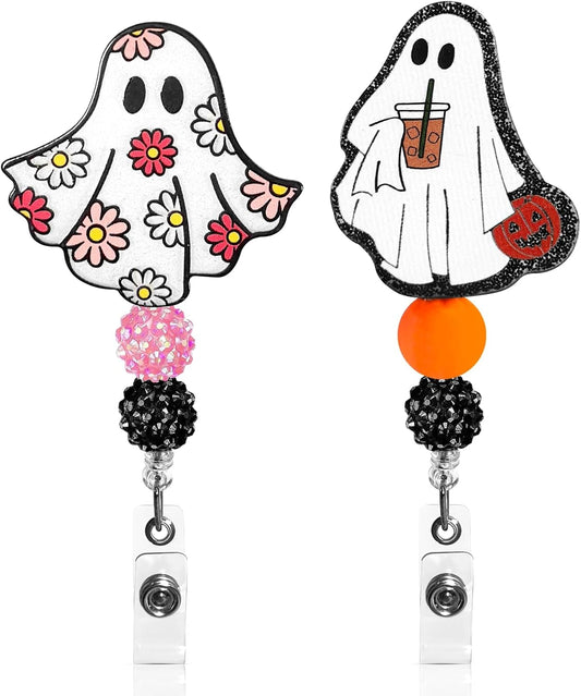 2Pcs Cute Badge Reel Retractable Badge Holder for Halloween, Funny Ghost Badge Reel Acrylic ID Card Holder with Beads for Nurse,Volunteer,Teacher,Office Workers,Student