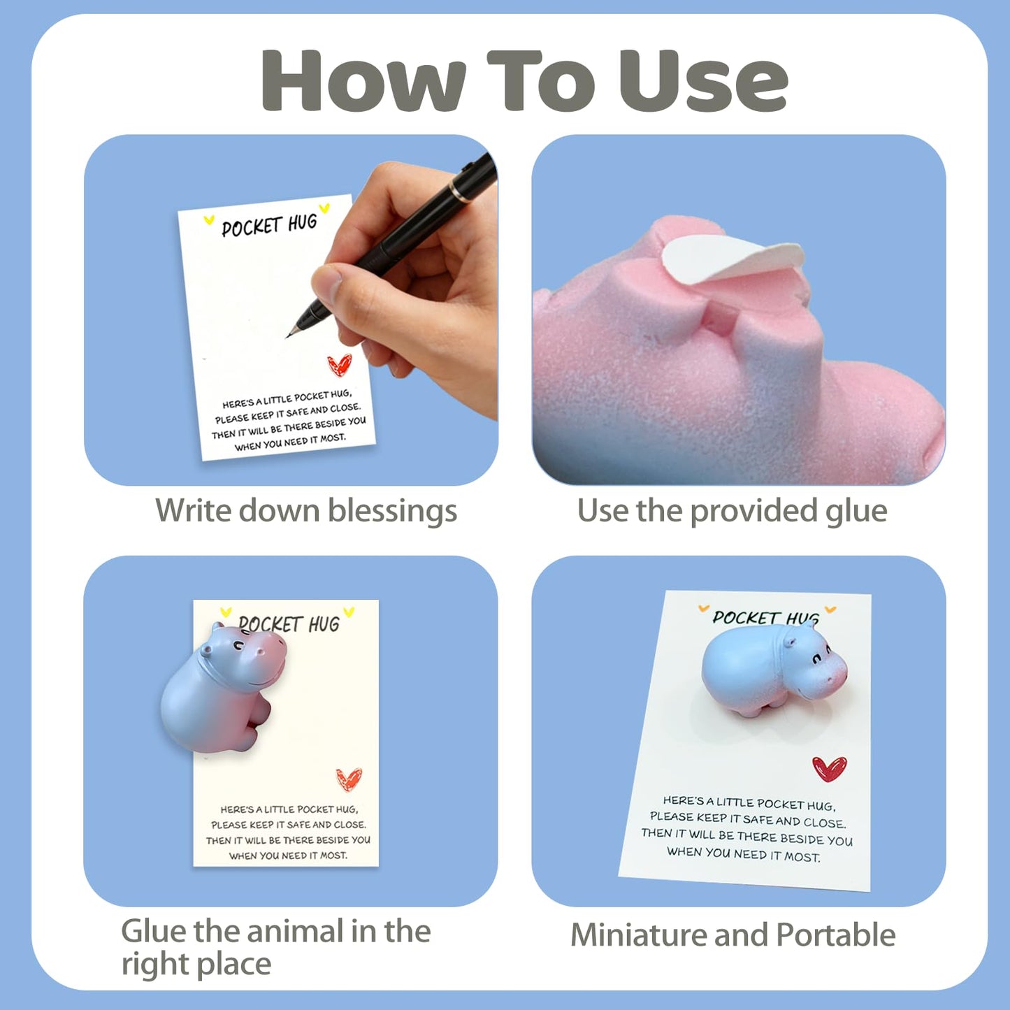 VoyaBliss 10 Sets Pocket Hug Card Encouragement Cards and Motivational Gifts Stuffers for Coworkers Hippo Decor Mini Resin Hippos Birthday Card
