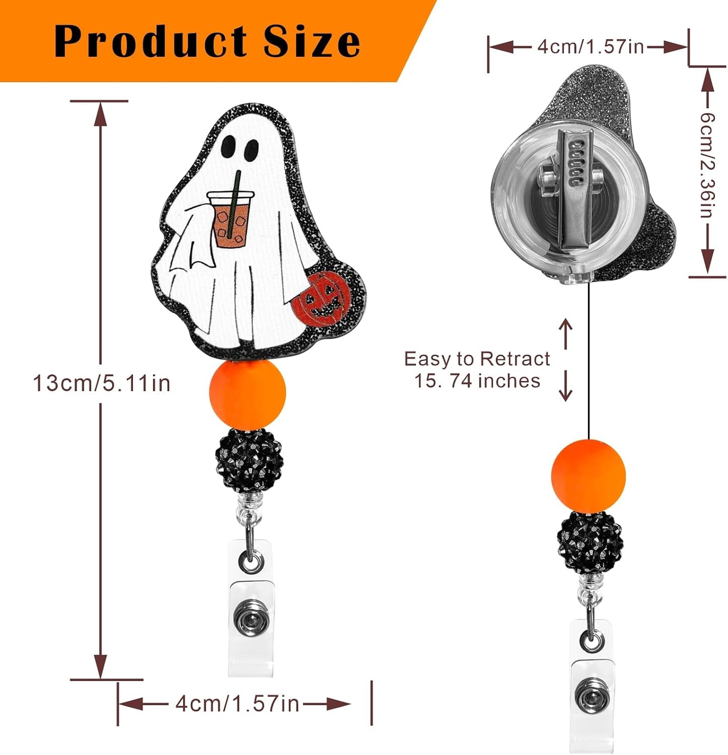 2Pcs Cute Badge Reel Retractable Badge Holder for Halloween, Funny Ghost Badge Reel Acrylic ID Card Holder with Beads for Nurse,Volunteer,Teacher,Office Workers,Student