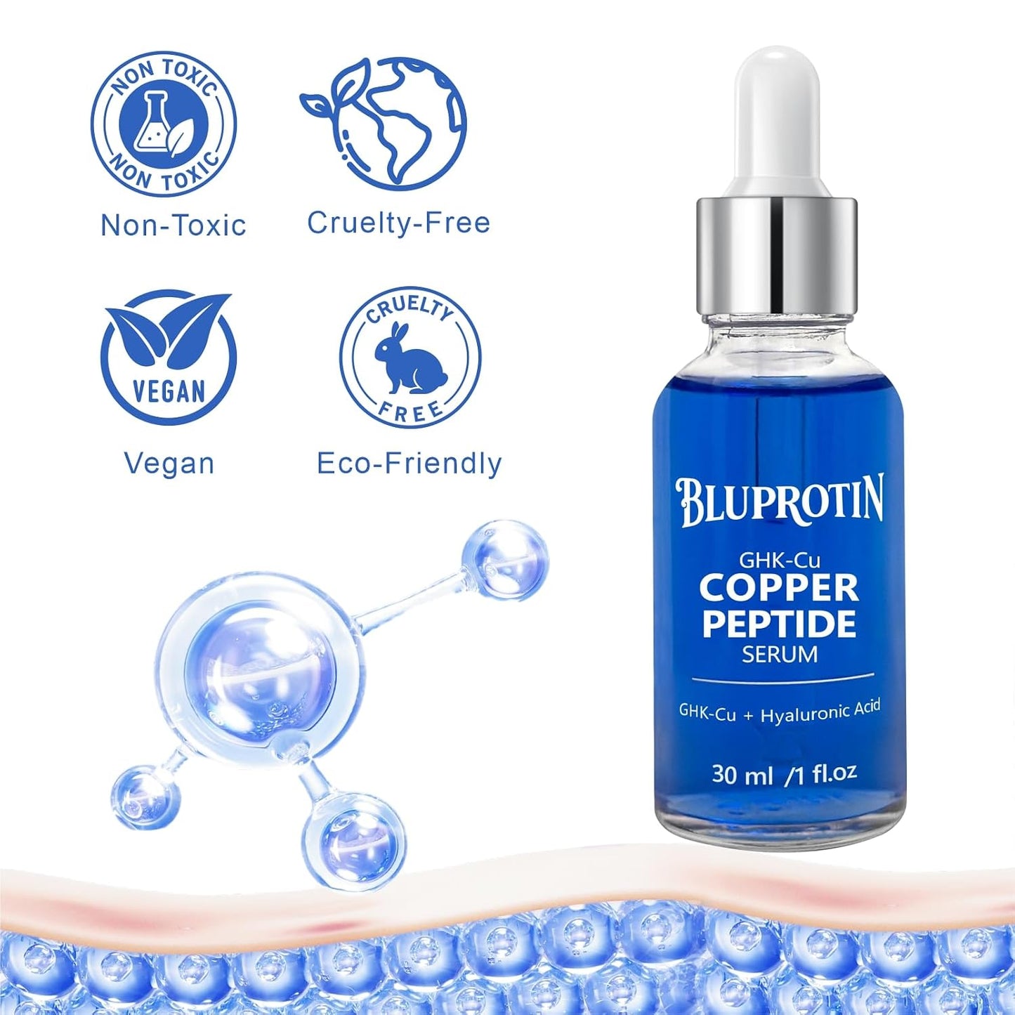 BLUPROTIN Copper Peptides Serum for Face,ghk-cu peptide serum | GHK-CU Peptide with Propylene Glycol&Copper Tripeptide-1&Hyaluronic acid, Anti-Aging Anti-Wrinkle Moisturizing 30ml
