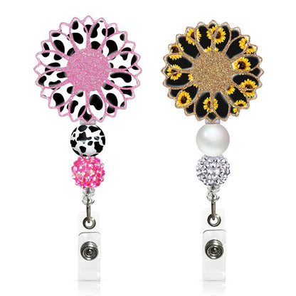 2Pcs Cute Badge Reel Retractable Badge Holder, Funny Cow Sunflower Badge Reel Acrylic ID Card Holder with Beads for Nurse,Volunteer,Teacher,Office Workers,Student