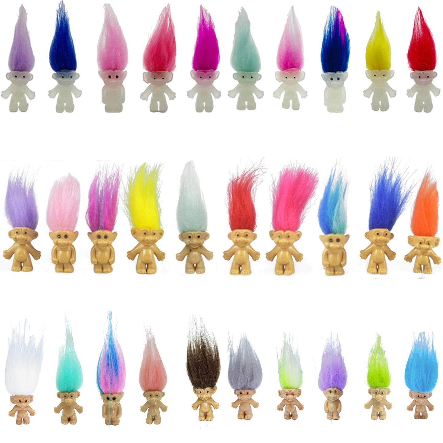 30pcs Luminous Mini Troll Dolls Glow in The Dark Vintage Action Figures Troll Dolls 1.2 Bodies, 2.3 Hair. Cake Toppers School Project, Arts and Crafts (30pcs)