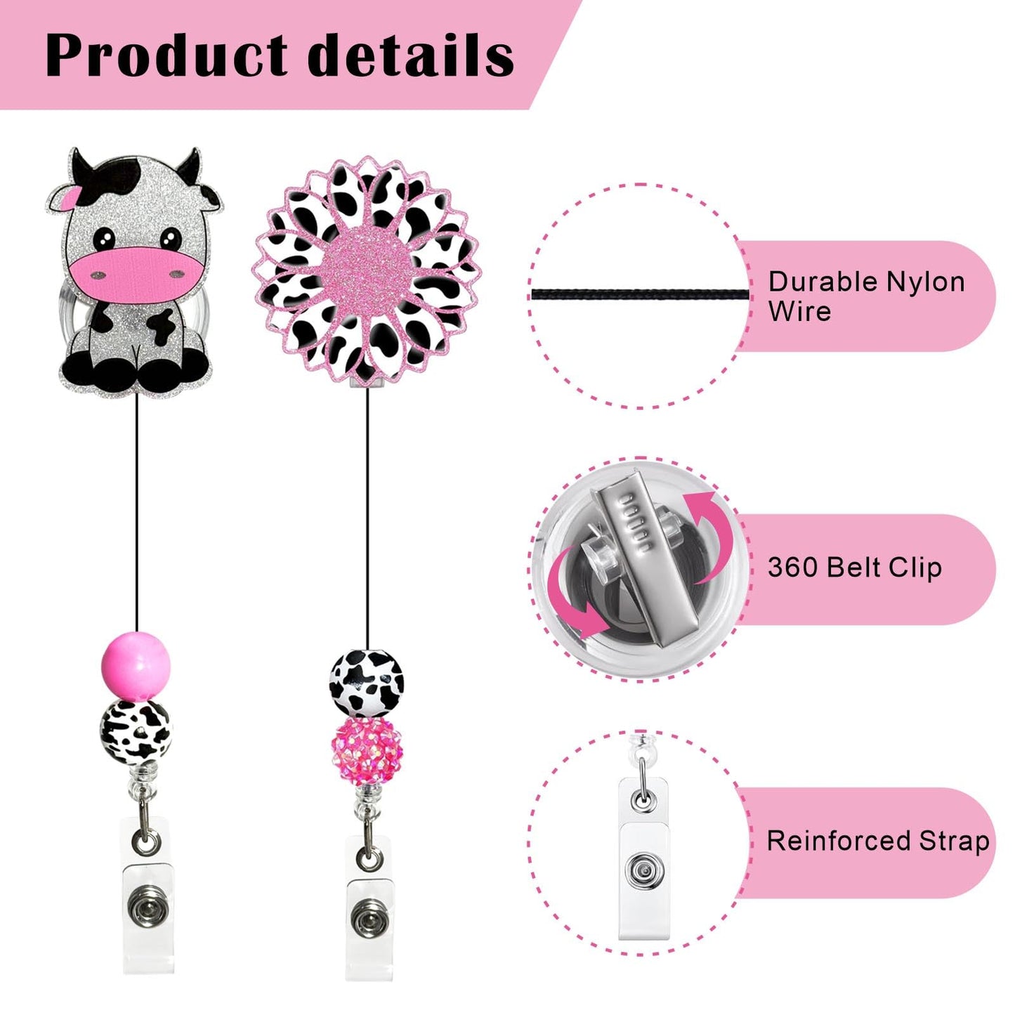 2Pcs Cute Badge Reel Retractable Badge Holder, Funny Cow Sunflower Badge Reel Acrylic ID Card Holder with Beads for Nurse,Volunteer,Teacher,Office Workers,Student