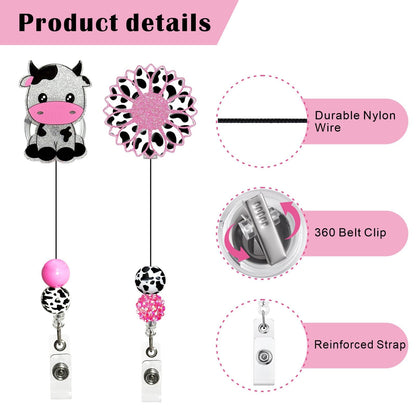 2Pcs Cute Badge Reel Retractable Badge Holder, Funny Cow Sunflower Badge Reel Acrylic ID Card Holder with Beads for Nurse,Volunteer,Teacher,Office Workers,Student