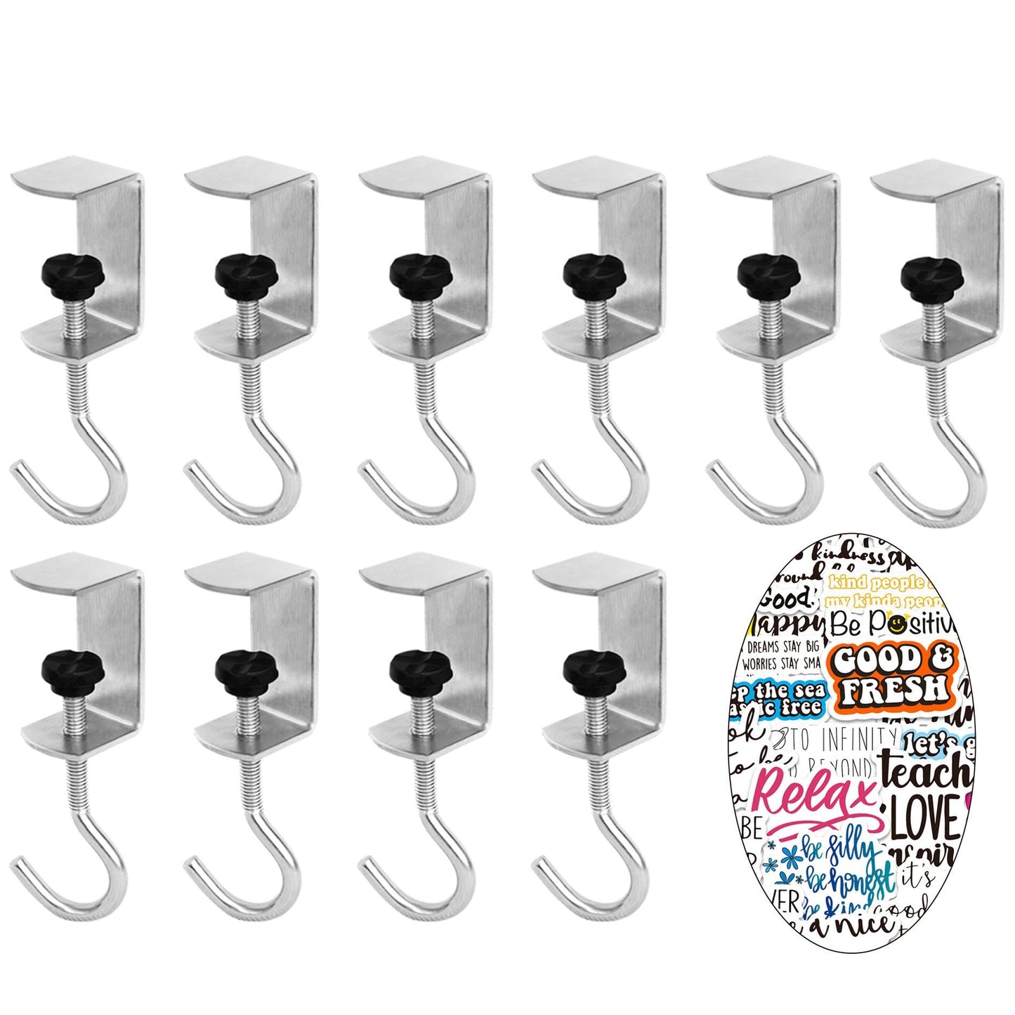 VoyaBliss 10Pcs Adjustable Purse Hooks Heavy Duty J Clamp Hooks Bag Hanger for Table, Bag Holder for Table with 10pcs Phrase Stickers,for Desk Key Backpack(Black)