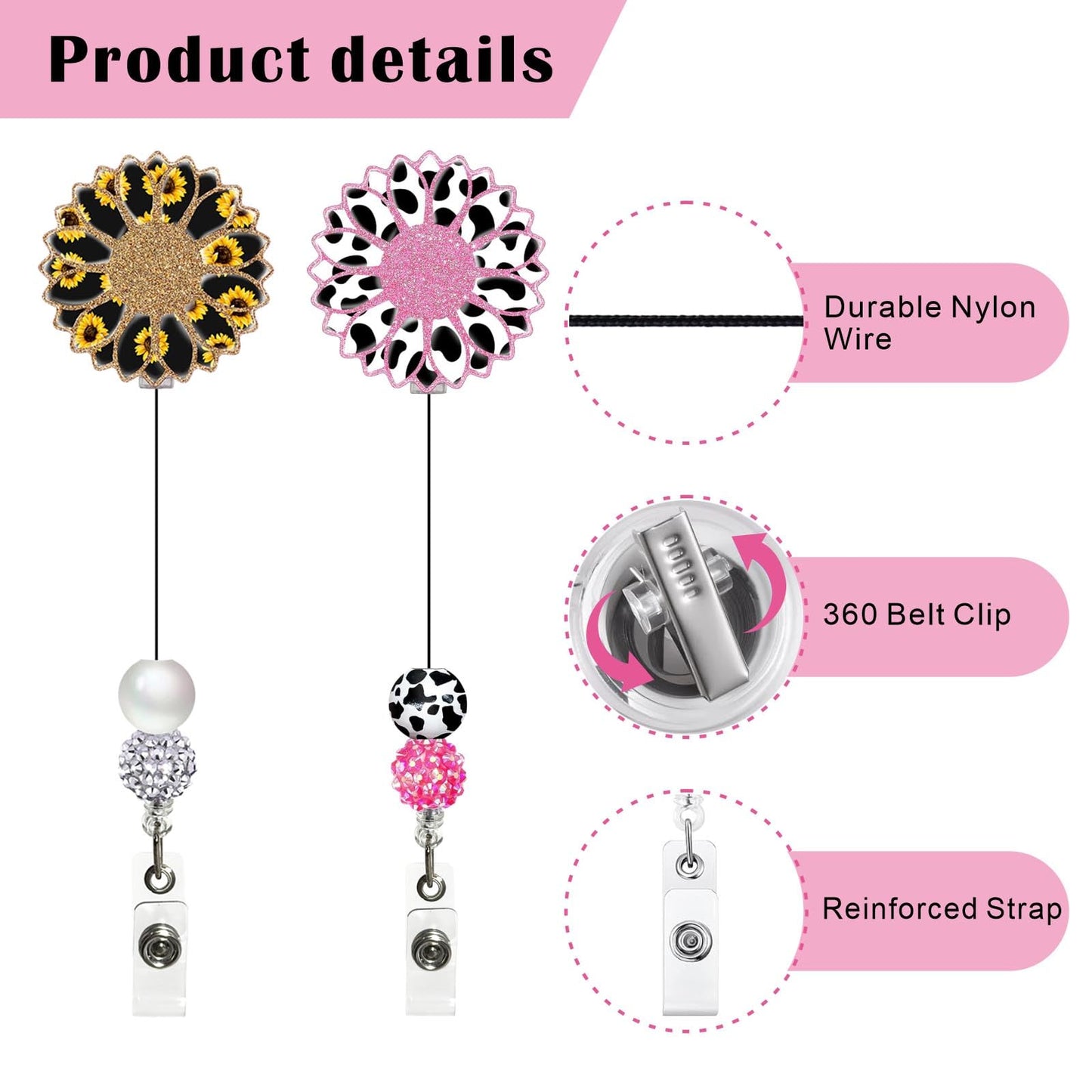 2Pcs Cute Badge Reel Retractable Badge Holder, Funny Cow Sunflower Badge Reel Acrylic ID Card Holder with Beads for Nurse,Volunteer,Teacher,Office Workers,Student