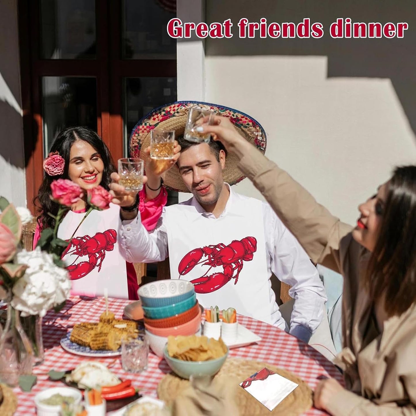 VoyaBliss 30 Pcs Lobster Disposable Bibs and 2 Pcs 54 x 108 Inch Plastic Red and White Gingham Checkered Tablecloths Seafood Boil Party Supplies, Crawfish Boil Party Supplies for BBQ Picnic Barbecue