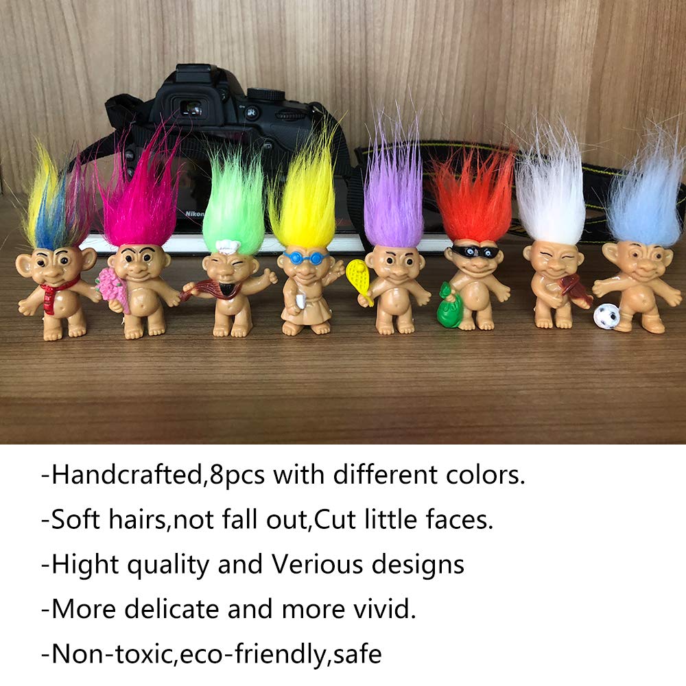 8PCS Troll Dolls, 80s' PVC Vintage Troll Doll Action Figures Chromatic Adorable for Collections, School Project, Arts and Crafts, Party Favors