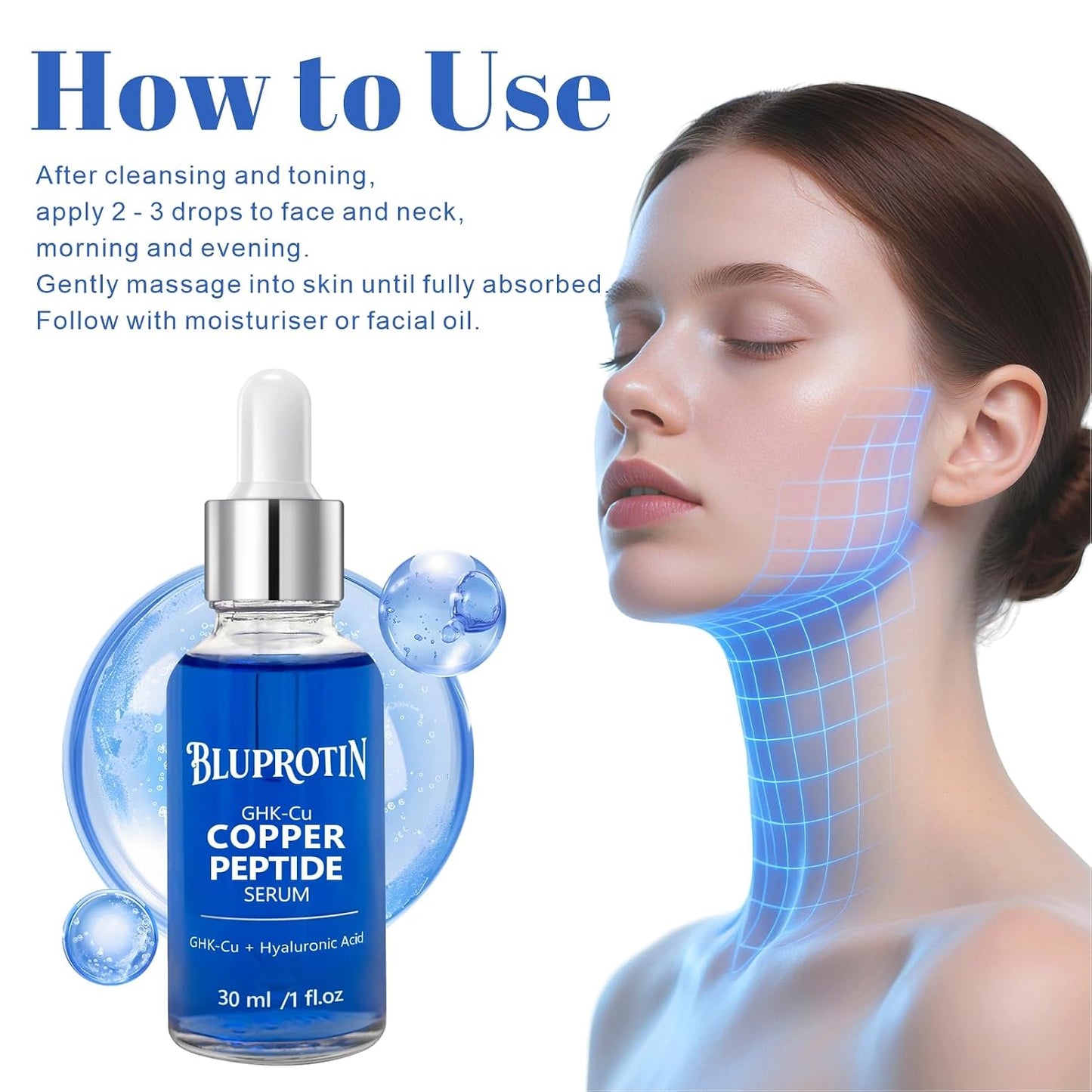 BLUPROTIN Copper Peptides Serum for Face,ghk-cu peptide serum | GHK-CU Peptide with Propylene Glycol&Copper Tripeptide-1&Hyaluronic acid, Anti-Aging Anti-Wrinkle Moisturizing 30ml