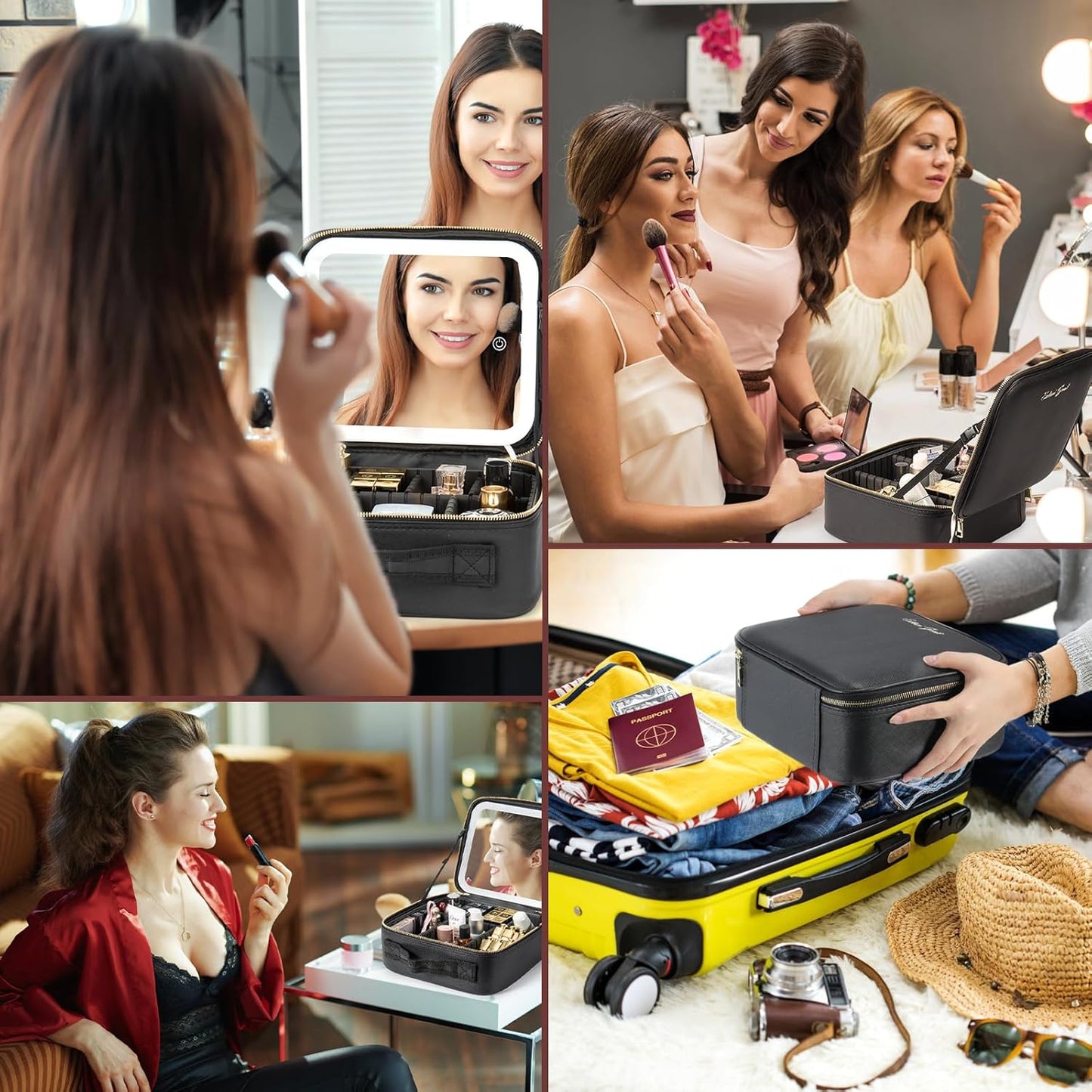 Makeup Travel Train Case with Mirror LED Light 3 Adjustable Brightness Cosmetic Bag Portable Storage Adjustable Partition Waterproof Makeup Brushes Makeup Jewelry Gift for Women (Black-1)