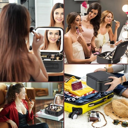 Makeup Travel Train Case with Mirror LED Light 3 Adjustable Brightness Cosmetic Bag Portable Storage Adjustable Partition Waterproof Makeup Brushes Makeup Jewelry Gift for Women (Black-1)