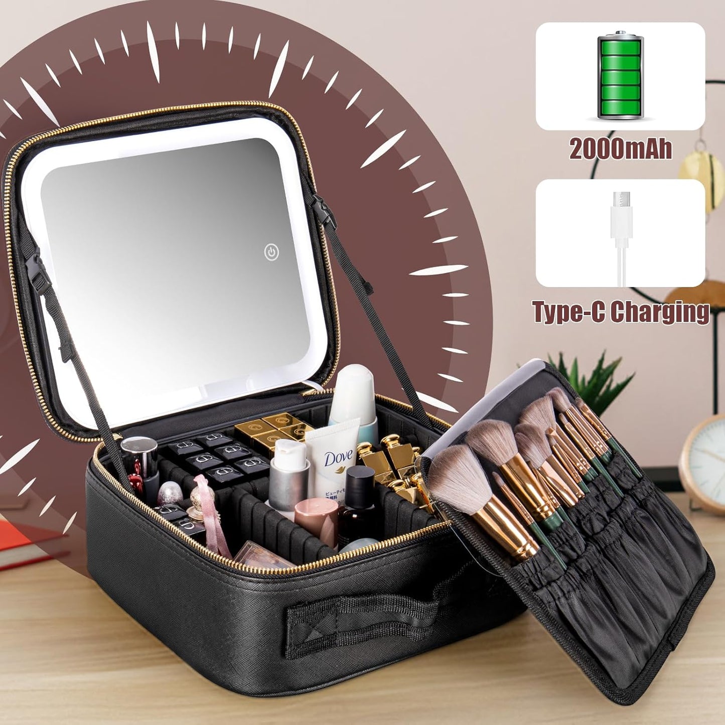 Makeup Travel Train Case with Mirror LED Light 3 Adjustable Brightness Cosmetic Bag Portable Storage Adjustable Partition Waterproof Makeup Brushes Makeup Jewelry Gift for Women (Black-1)
