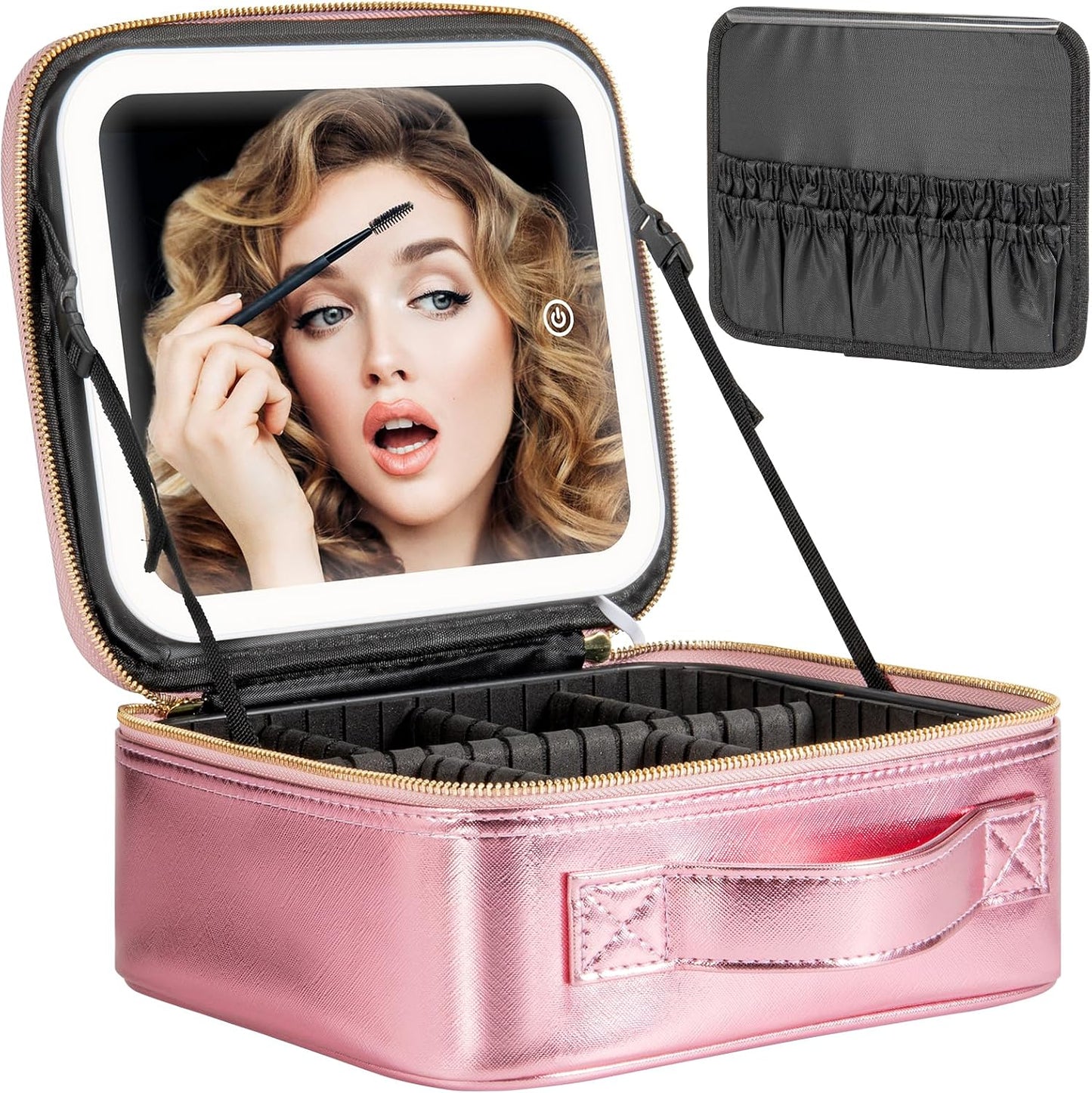 Makeup Travel Train Case with Mirror LED Light 3 Adjustable Brightness Large Cosmetic Bag Portable Storage Adjustable Partition Waterproof Makeup Brushes Make up Jewelry Gift for Women